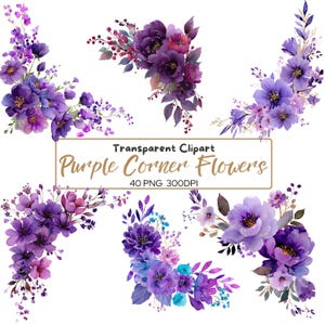 40 PNG PURPLE Akwarela Narożna Ramka KWIATY cliparty (300 dpi, do użytku komercyjnego, pakiet, cyfrowe, akwarela) Kącik kwiatów ślubnych
