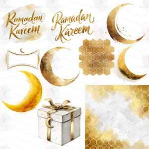 Puede incluir: Ilustraciones en acuarela con lunas crecientes doradas, patrones geom&eacute;tricos y una caja de regalo con un dije de luna creciente. Las palabras "Ramadan Kareem" est&aacute;n escritas en oro. Ideal para proyectos tem&aacute;ticos de Ramad&aacute;n.