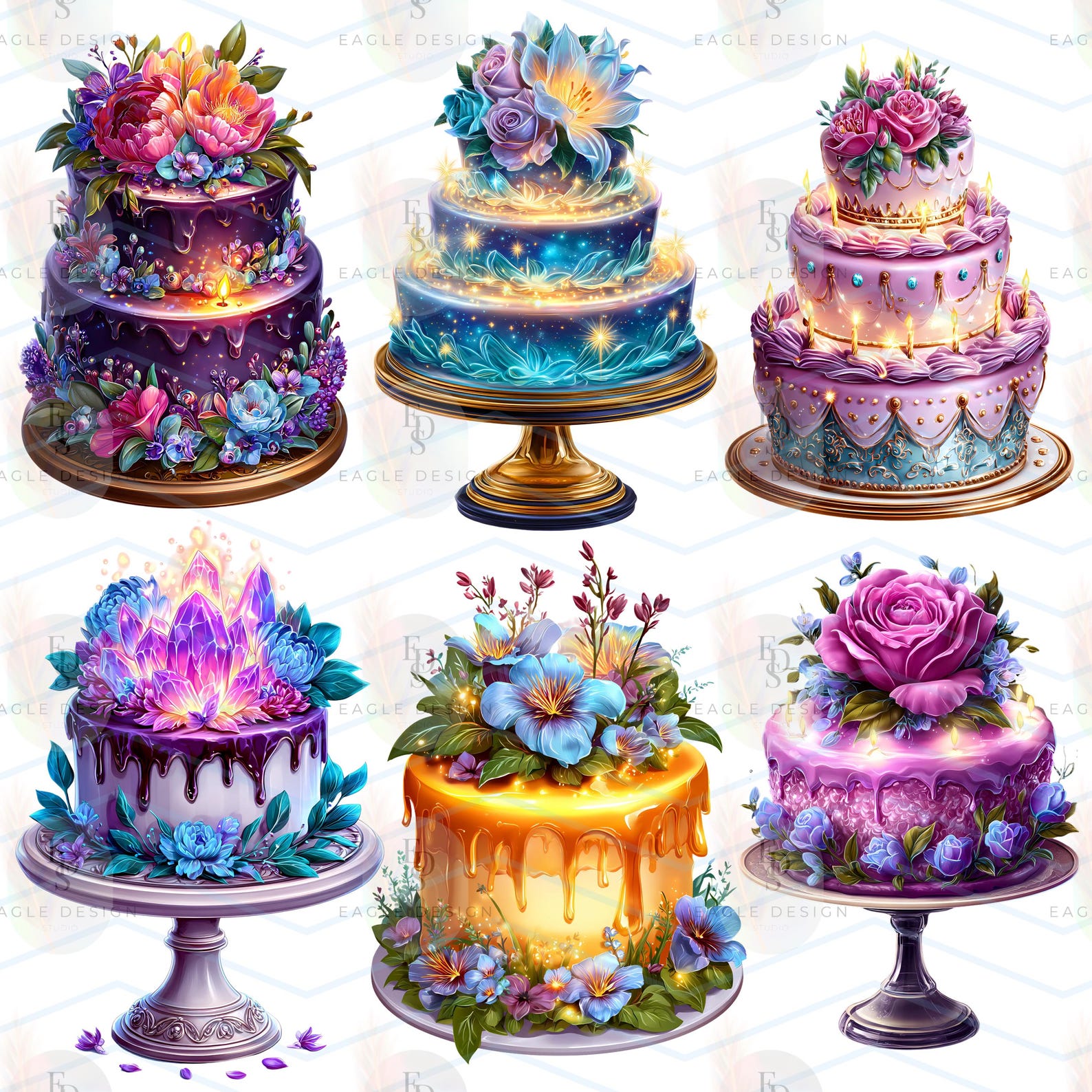 Ethereal Glowing Cake Clipart Bundle: Watercolor Birthday Cakes (30 PNG ...
