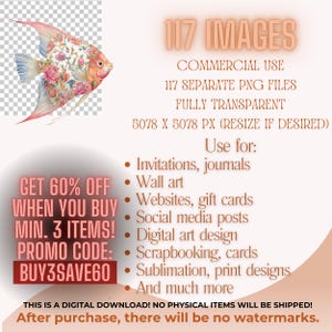 May include: A digital collection of 117 transparent PNG files featuring an angelfish with a floral pattern. The text includes 117 IMAGES, COMMERCIAL USE, 117 SEPARATE PNG FILES, FULLY TRANSPARENT, 5078 X 5078 PX, GET 60% OFF WHEN YOU BUY MIN. 3 ITEMS!, PROMO CODE: BUY3SAVE60.