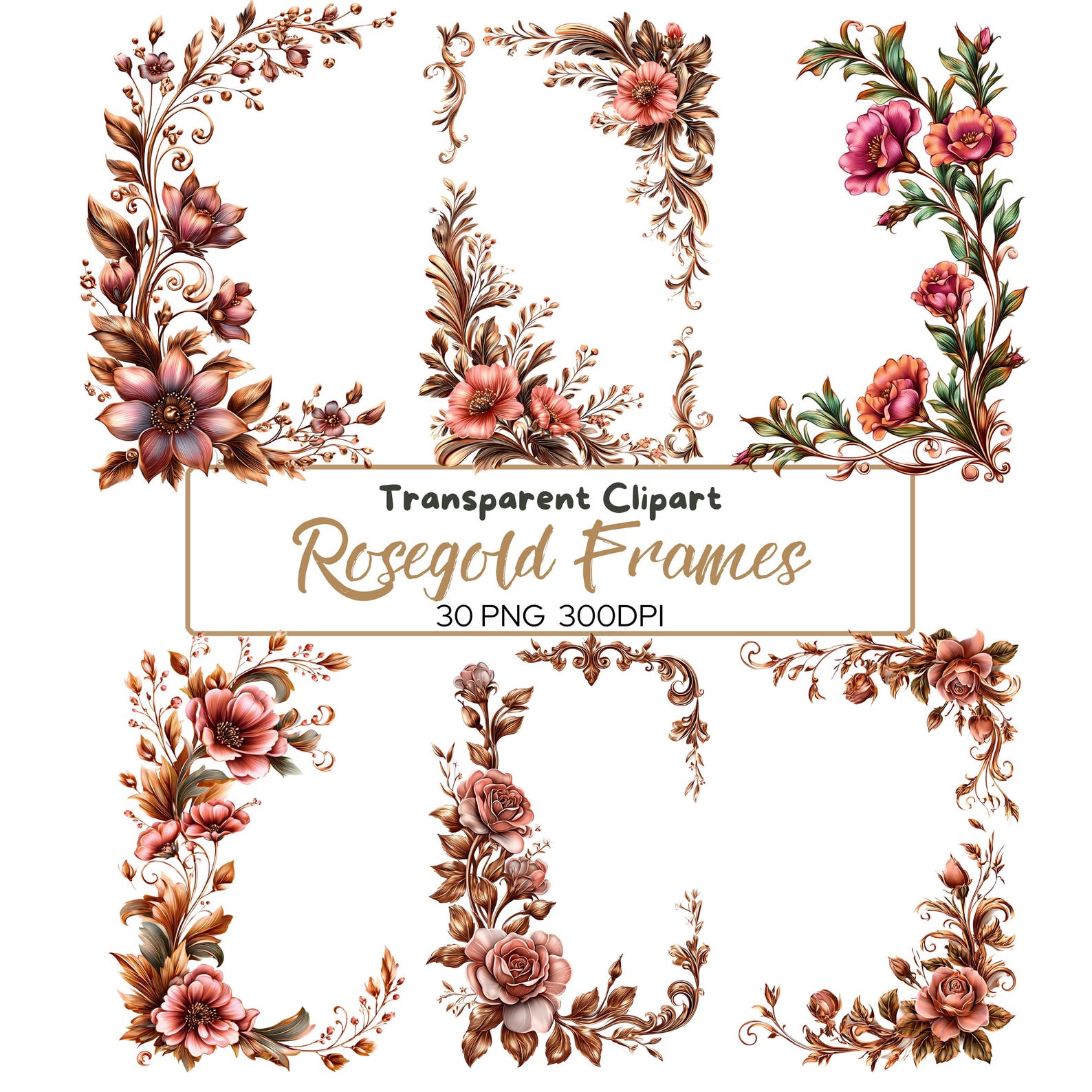30 PNG Rose Gold Floral Frame Clipart, Decorative Corners and Borders ...