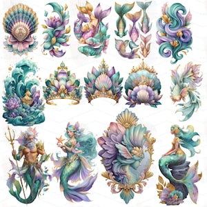 May include: A collection of watercolor illustrations featuring mermaids, crowns, seashells, and aquatic elements. The color palette includes shades of teal, purple, gold, and pink. The artwork has a whimsical and fantasy theme, suitable for various creative projects.