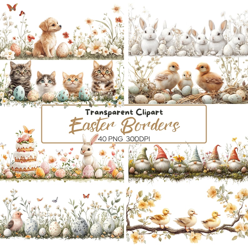 40 PNG Easter BORDER Clipart – Spring Floral Bunny Chicken Borders With ...
