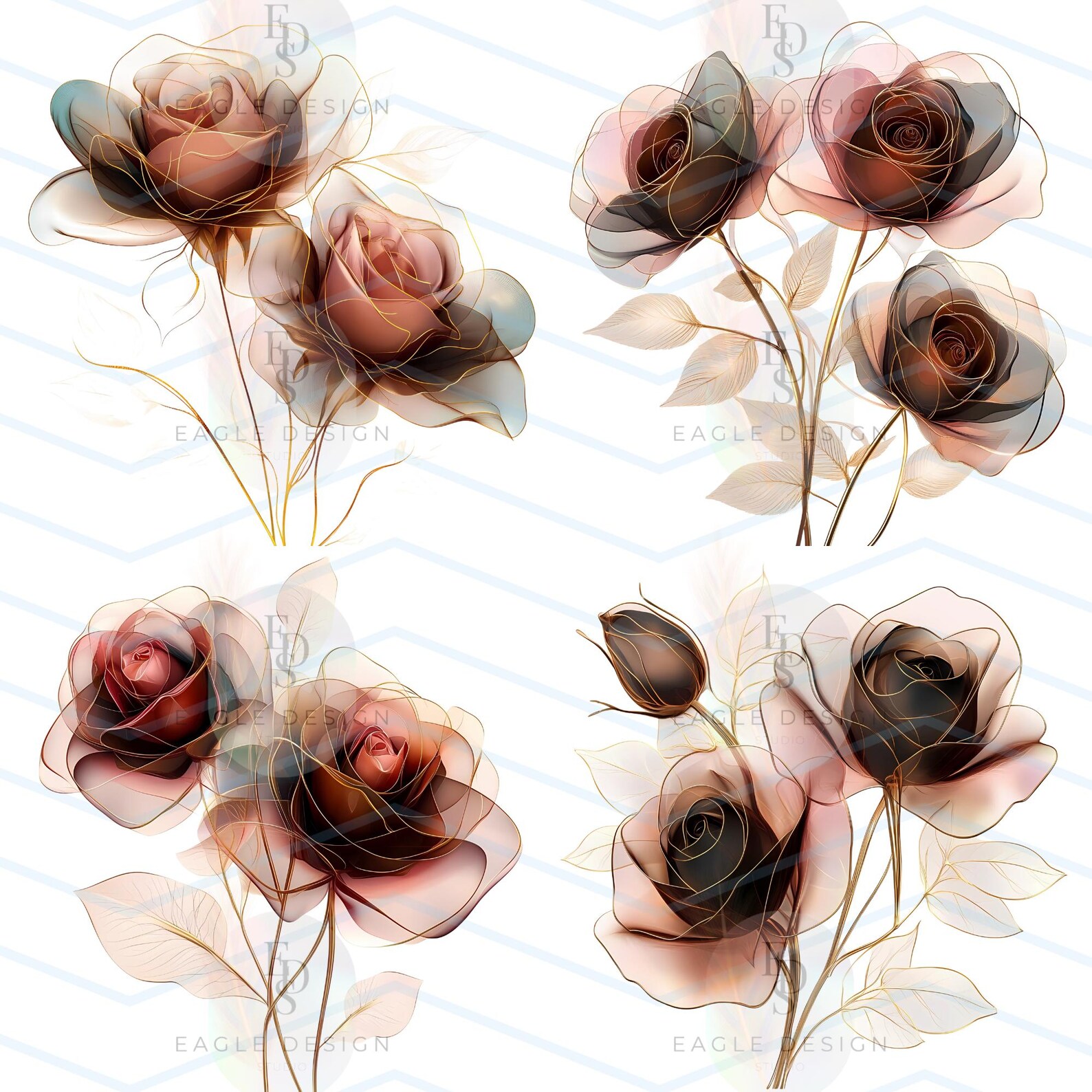 20 PNG BROWN and Gold ROSES Clip Arts (300 Dpi, Commercial Use, Bundle ...