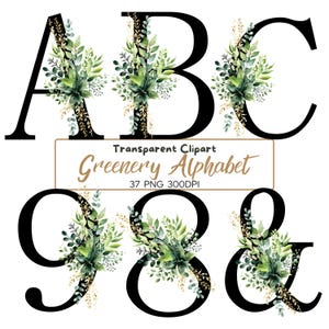 37 PNG, GREENERY Alfabeto, Letras e Números Pacote Cartão Clipart, Uso Comercial, Download Digital (300 dpi), Iniciais, Botânicos Verdes