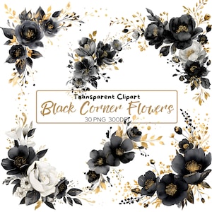 Può includere: Clipart floreale ad acquerello con fiori d'angolo neri e dorati. L'immagine include varie composizioni di fiori scuri con accenti dorati e fogliame. Il testo recita "Transparent Clipart Black Corner Flowers 30 PNG 300DPI".