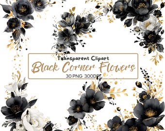 30 PNG BLACK Gold Watercolor Corner Border FLOWERS clip arts, Black Gold Dark Wedding florals, Watercolor Flower Border, Black and Gold