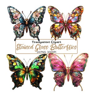 24 PNG Vitral BORBOLETAS Clipart Bundle, Elegantes Desenhos Coloridos De Ilustrações De Borboletas, Download Digital, Uso Comercial, 300dpi