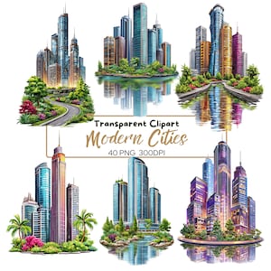 Modern Cityscape Clipart PNG Bundle – Transparent Skyscraper Buildings, Urban Skyline Illustration, 40 PNG | Printable Sublimation Clip Art
