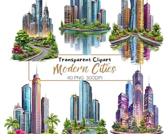 Cityscape Clipart PNG Bundle: Modern Skyline Illustrations (Digital Download)