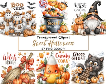 Cute Halloween Clipart Bundle, 57 Sweet Halloween PNG, Witch Ghost Pumpkin Gnome Candy Corn Clip Art, Fall Sublimation Graphics
