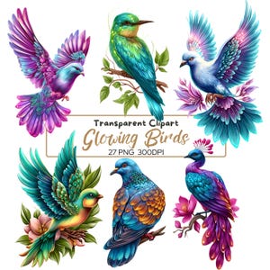 27 PNG Clipart di uccelli luminosi, PNG di uccelli colorati fantasy, arte di uccelli tropicali, uccelli esotici vivaci, decorazioni digitali con animali selvatici