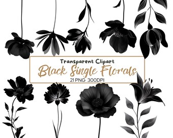 Black Floral Clipart: Modern Flower PNGs, Transparent Background (Digital Download)
