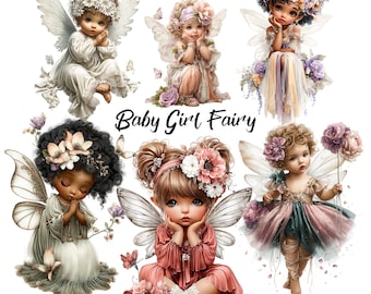 Paquete de 26 imágenes prediseñadas PNG de hadas para bebés niñas / Lindas ilustraciones de hadas ángeles para niños / Arte infantil de fantasía floral / Diseño para guardería