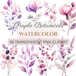 BOTANICALS paars - roze 39 png-aquarel - clip arts, 300 dpi, gebladerte, bloemen, bloemen, huwelijksuitnodiging, commercieel gebruik, digitaal