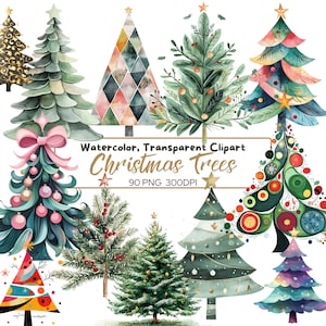 May include: Watercolor clipart featuring various Christmas trees in different styles. The trees are decorated with ornaments, bows, and stars. The text "Christmas Trees" is displayed in gold script, along with "90 PNG 300DPI".