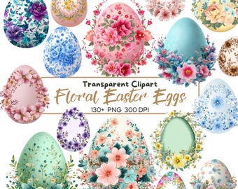 130 imágenes prediseñadas PNG de huevos de Pascua, paquete de huevos de Pascua florales, flores de primavera en acuarela, diseños de huevos en tonos pastel, descarga digital transparente.