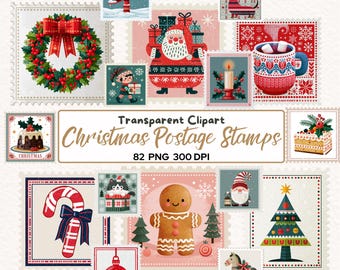 Christmas Postage Stamp Clipart Bundle, 82 Vintage Holiday Stamps PNG, Retro Christmas Clip Art, Xmas Ephemera, Junk Journal Digital
