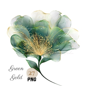 27 PNG Green Gold Flower PNG Clipart Transparent Floral Images, Luxury Digital Blossoms for Sublimation, Wedding, Elegant Design Clip Art