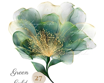 Green Gold Flower Clipart: Luxury Floral PNG Images (Digital Download