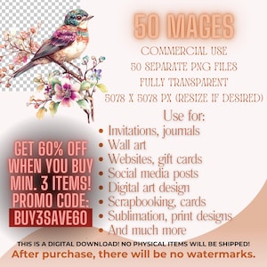 May include: Digital download graphic featuring a colorful bird perched on a flowering branch. Text includes "50 Images," "Commercial Use," and details about PNG files for invitations, wall art, and more. Includes a discount offer.