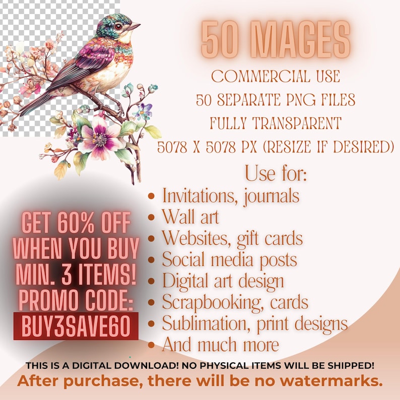 May include: Digital download graphic featuring a colorful bird perched on a flowering branch. Text includes "50 Images," "Commercial Use," and details about PNG files for invitations, wall art, and more. Includes a discount offer.