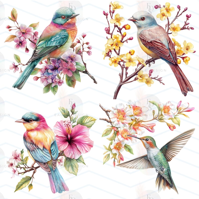 May include: Watercolor illustrations of colorful birds perched on flowering branches. The birds feature vibrant hues of blue, pink, yellow, and green. The flowers include pink cherry blossoms, yellow blooms, and a large pink hibiscus. The image has a white background.