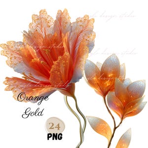 24 PNG FLORES DE FANTASÍA NARANJAS Y DORADAS, clipart, Flor naranja abstracta, PNG floral naranja, Pétalos transparentes translúcidos, Flores brillantes