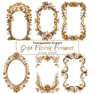 30 PNG Gold Floral Frame Clipart, Vintage Decorative Corners and Borders, Antique Frame, Transparent clip art, bundle, wedding invitation