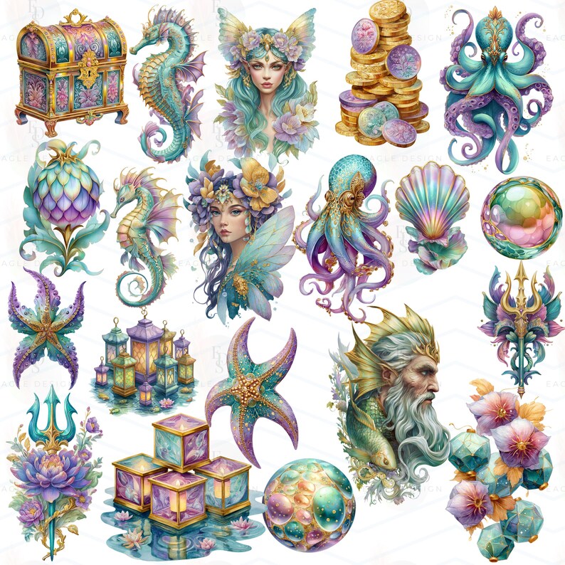 May include: A collection of watercolor illustrations featuring a treasure chest, seahorses, mermaids, an octopus, starfish, lanterns, and other sea-themed elements. The color palette includes shades of teal, purple, gold, and pink, creating a whimsical and fantasy aesthetic.