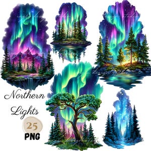 Puede incluir: Colección de arte digital con la Aurora Boreal. Cada diseño presenta vibrantes exhibiciones de aurora boreal en tonos verdes, morados y azules, sobre paisajes con árboles y agua. Se incluye el texto "Northern Lights" y "25 PNG".