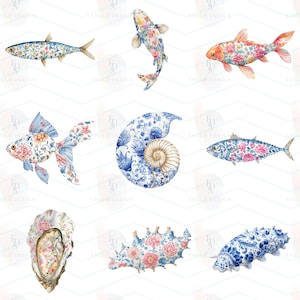 Floral Sea Life Clipart Bundle, Coastal Watercolor Ocean Animals PNG, Nautical Floral Clipart, Jellyfish Crab Lobster Fish Shells, 117 PNG image 14