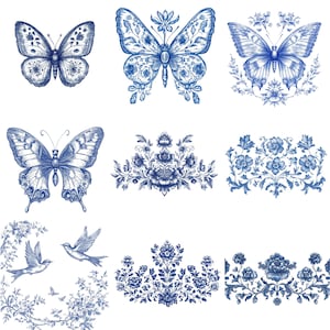May include: A collection of blue and white illustrations featuring butterflies, floral arrangements, and birds. The butterflies have detailed wing patterns. The floral designs include various flowers and leaves. The birds are depicted in flight.