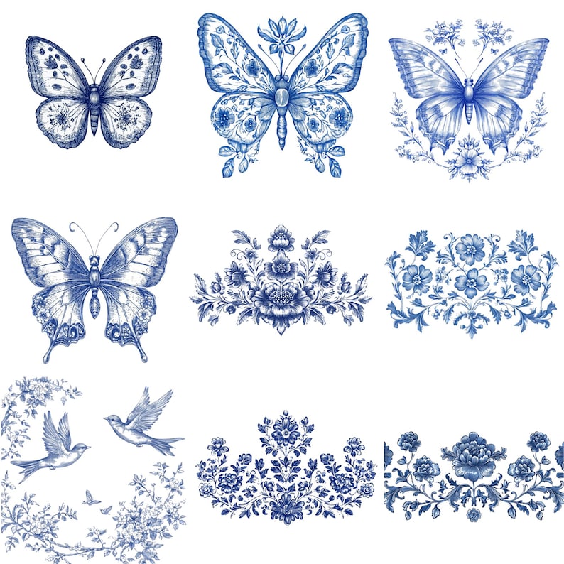 May include: A collection of blue and white illustrations featuring butterflies, floral arrangements, and birds. The butterflies have detailed wing patterns. The floral designs include various flowers and leaves. The birds are depicted in flight.