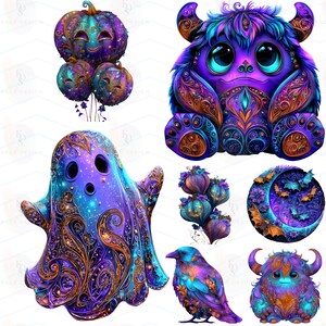 Op de afbeelding: Een verzameling grillige Halloween-thema illustraties. De afbeelding toont een paars spook, pompoenen, een raaf en twee monsterachtige wezens. De ontwerpen zijn gedetailleerd met sierlijke patronen en een levendig kleurenpalet van paars, blauw en goud.