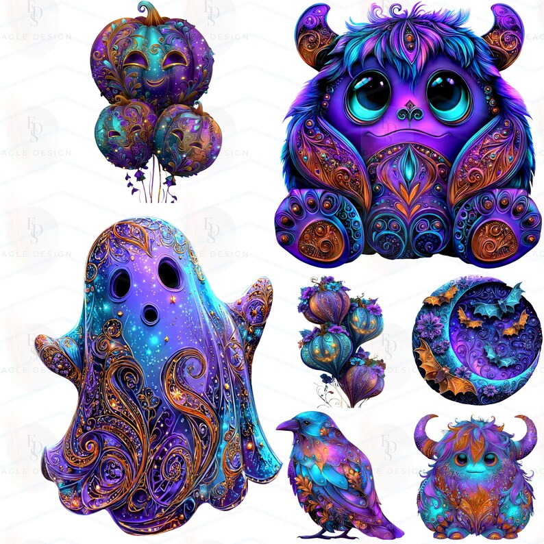 Op de afbeelding: Een verzameling grillige Halloween-thema illustraties. De afbeelding toont een paars spook, pompoenen, een raaf en twee monsterachtige wezens. De ontwerpen zijn gedetailleerd met sierlijke patronen en een levendig kleurenpalet van paars, blauw en goud.