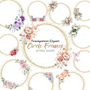 May include: A set of 12 watercolour floral circle frames with gold glitter accents. The frames are perfect for adding a touch of elegance to your designs.