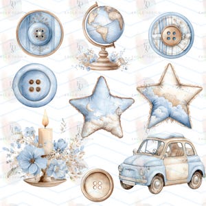 May include: Watercolor illustrations of various objects in shades of blue and beige. Includes a globe, buttons, star-shaped pillows with cloud and moon designs, a candle, floral arrangements, and a vintage car.