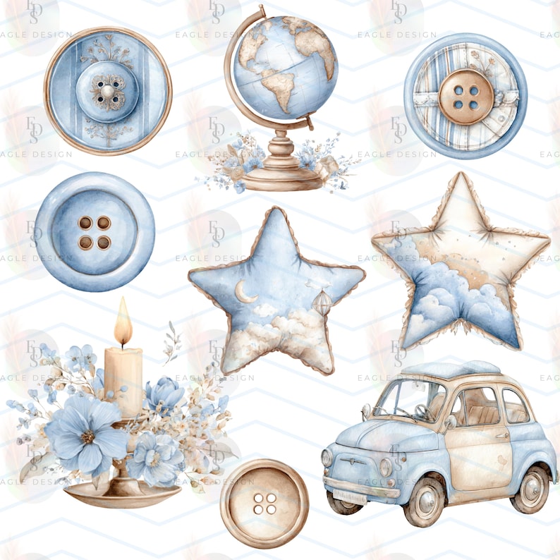 May include: Watercolor illustrations of various objects in shades of blue and beige. Includes a globe, buttons, star-shaped pillows with cloud and moon designs, a candle, floral arrangements, and a vintage car.