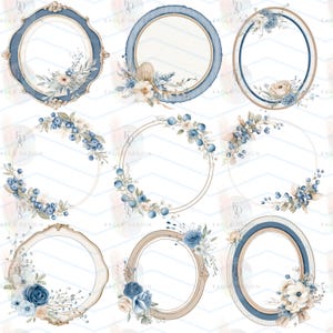 May include: A collection of watercolor-style frames in various shapes, including oval and round, with floral and berry accents. The frames feature a color palette of blue, beige, and white, with ornate and simple designs. The image has the text "EAGLE DESIGN".