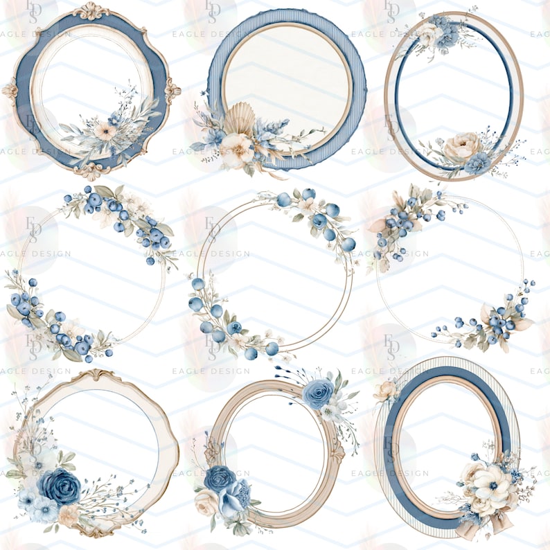 May include: A collection of watercolor-style frames in various shapes, including oval and round, with floral and berry accents. The frames feature a color palette of blue, beige, and white, with ornate and simple designs. The image has the text "EAGLE DESIGN".