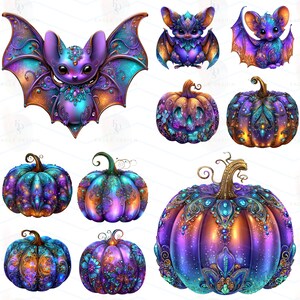 Op de afbeelding: Digitale kunst met vleermuizen en pompoenen in verschillende ontwerpen. De vleermuizen zijn in tinten paars, teal en goud. De pompoenen zijn versierd met ingewikkelde patronen en juweelkleuren, ideaal voor Halloween.