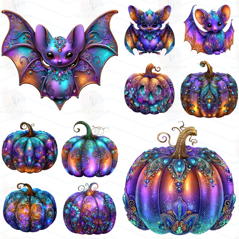 Op de afbeelding: Digitale kunst met vleermuizen en pompoenen in verschillende ontwerpen. De vleermuizen zijn in tinten paars, teal en goud. De pompoenen zijn versierd met ingewikkelde patronen en juweelkleuren, ideaal voor Halloween.