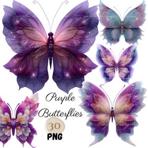 Bundle de cliparts éthérés de 30 PNG, jolis dessins d'illustrations de papillons violets fantaisistes, fées papillons, papillon scintillant