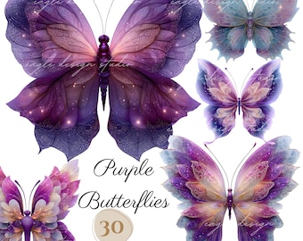 Ethereal Purple Butterfly Clipart Bundle: Whimsical PNG Illustrations (Digital Download)