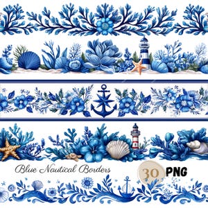 Könnte beinhalten: Aquarellillustrationen von blauen nautischen Bordüren mit Muscheln, Seesternen, Ankern und Leuchttürmen. Die Bordüren haben einen weißen Hintergrund und sind mit floralen und korallenartigen Elementen verziert. Der Text "Blue Nautical Borders" wird angezeigt.