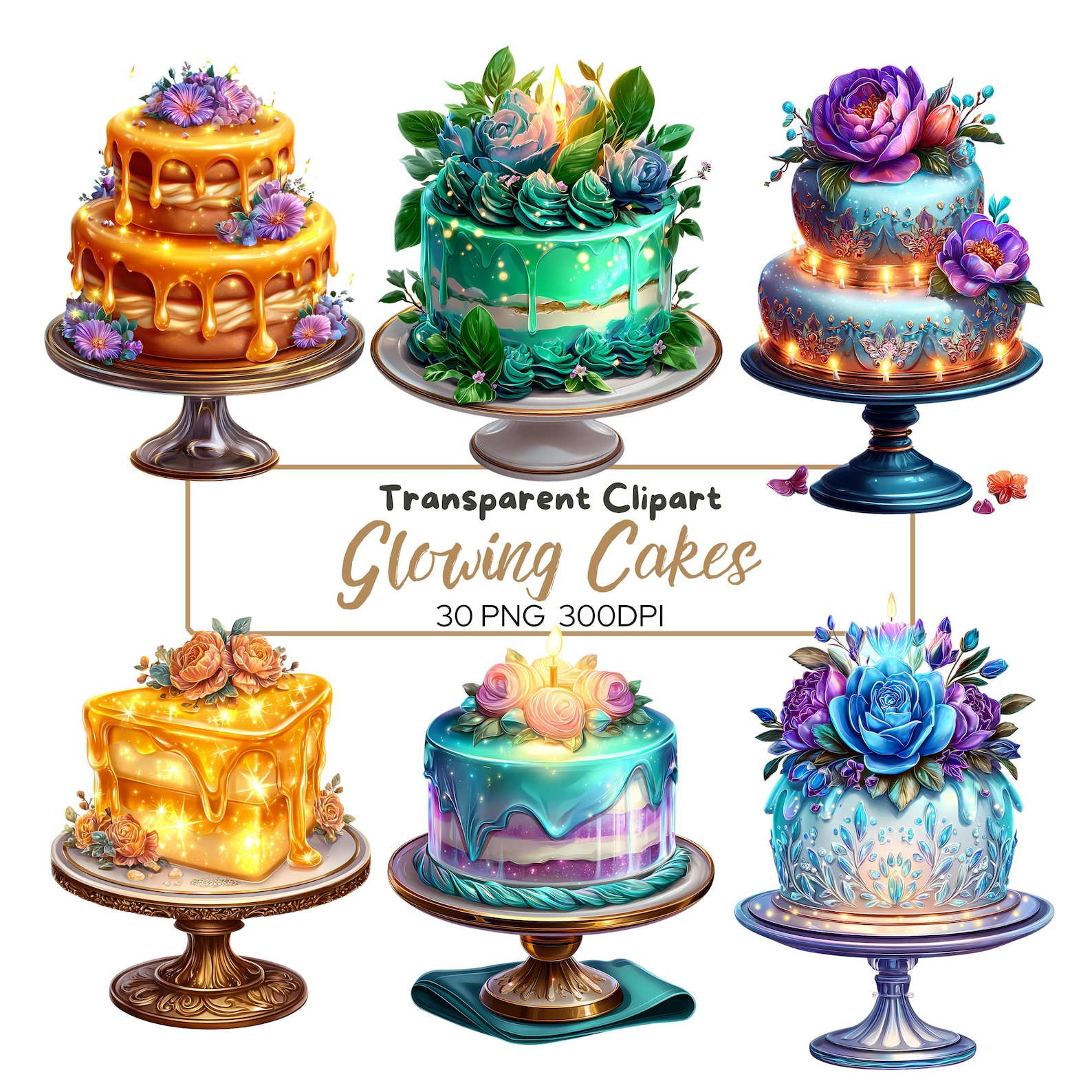 Ethereal Glowing Cake Clipart Bundle: Watercolor Birthday Cakes (30 PNG ...