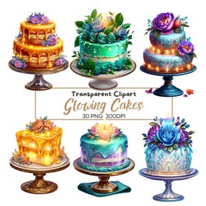 30 PNG etherische gloeiende taart clipartbundel | Aquarel dessert clipart met lichtjes en bloemen illustraties Verjaardag, fantasietaarten