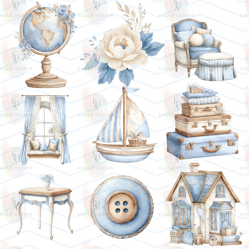 May include: Watercolor illustrations of various objects in shades of blue, beige, and brown. The image includes a globe, a flower, a chair with an ottoman, a window, a sailboat, stacked suitcases, a table, a button, and a house. The style is vintage and decorative.