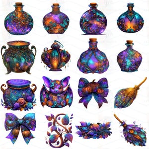Op de afbeelding: Een verzameling digitale illustraties met fantasie-objecten. De afbeeldingen bevatten drankflessen, ketels, een vleermuis, strikken met pompoenen en een bezem. Het kleurenpalet wordt gedomineerd door paars, teal en oranje, met ingewikkelde details.